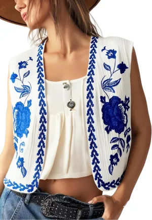 Verdusa Women's Boho Western Floral Embroidery Tank Tops Button Front V Neck Vest Tops