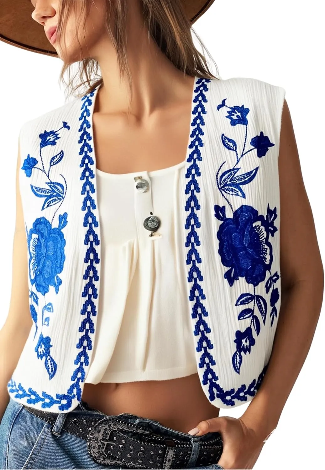 Verdusa Women's Boho Western Floral Embroidery Tank Tops Button Front V Neck Vest Tops