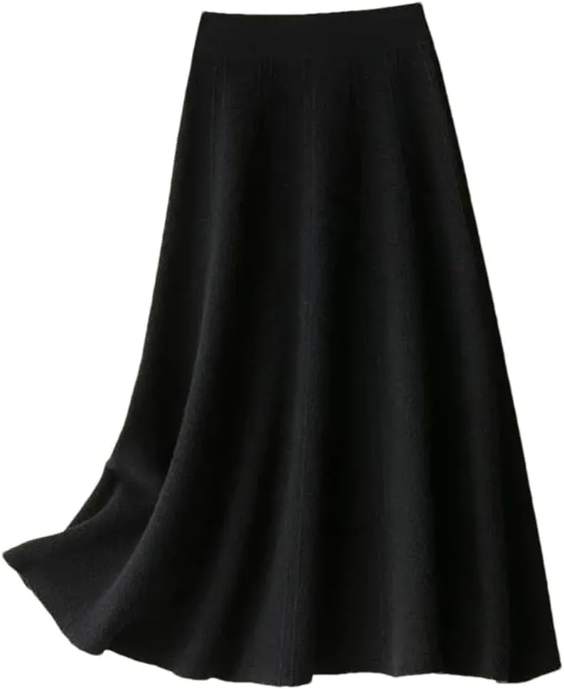 Vintage Knitted Long Skirt Women Casual Solid A Line Skirt Female High Waist Midi Skirt