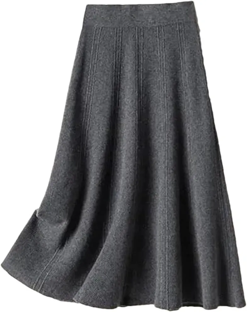 Vintage Knitted Long Skirt Women Casual Solid A Line Skirt Female High Waist Midi Skirt