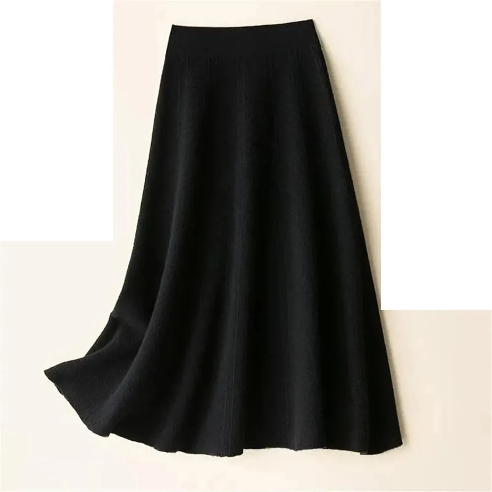Vintage Knitted Long Skirt Women Casual Solid A Line Skirt Female High Waist Midi Skirt