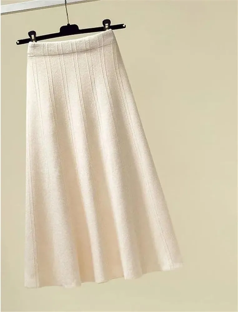 Vintage Knitted Long Skirt Women Casual Solid A Line Skirt Female High Waist Midi Skirt