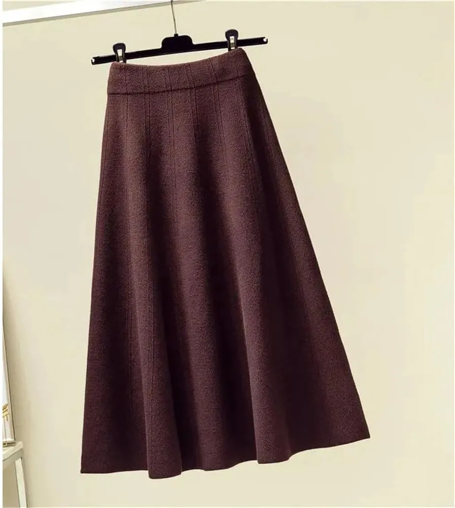 Vintage Knitted Long Skirt Women Casual Solid A Line Skirt Female High Waist Midi Skirt