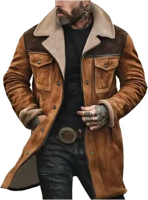 Vintage Suede Jacket for Men Plush Collar Coats Faux Leather Jacket Men Zip Up Motorcycle Jacket Coats Retro Tops