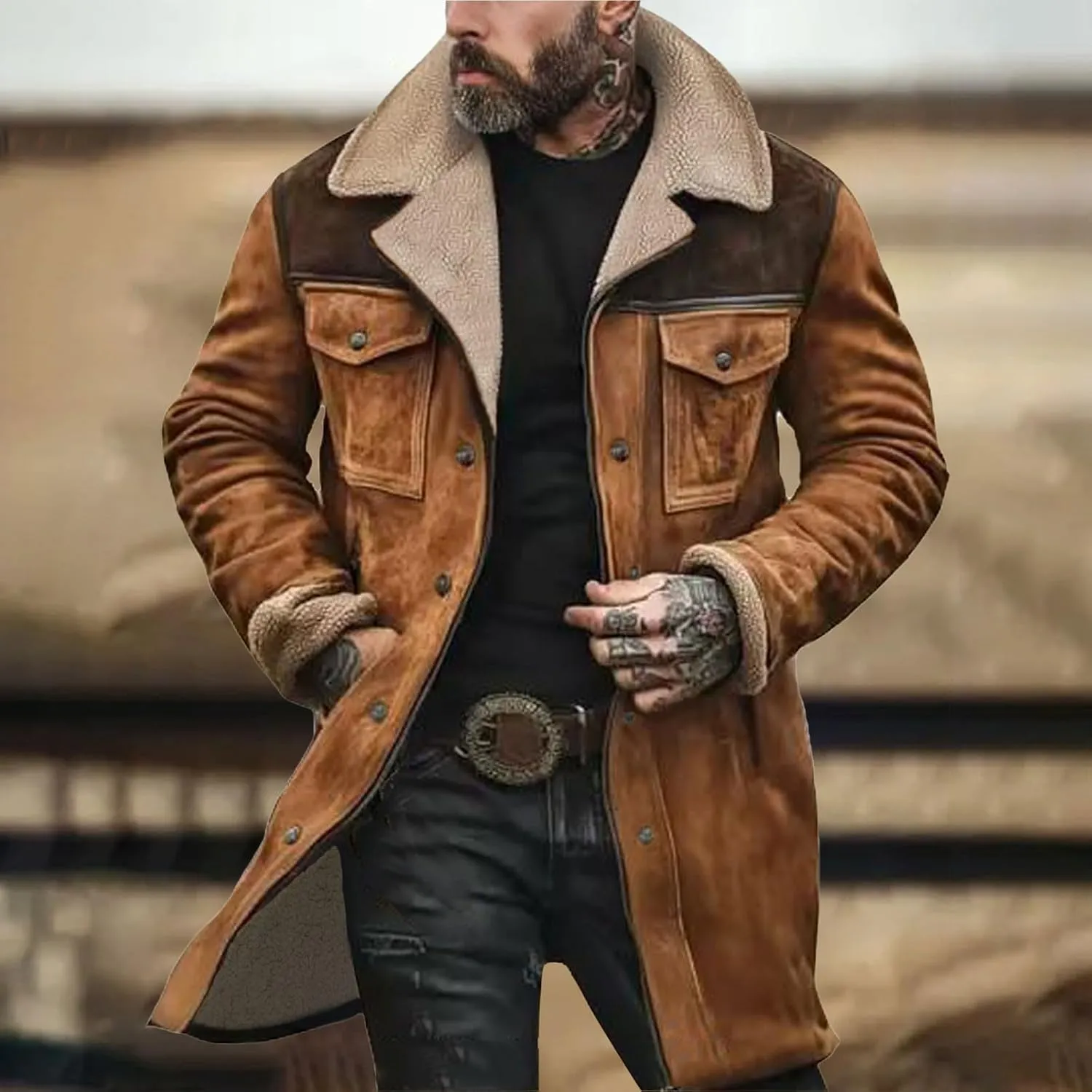 Vintage Suede Jacket for Men Plush Collar Coats Faux Leather Jacket Men Zip Up Motorcycle Jacket Coats Retro Tops