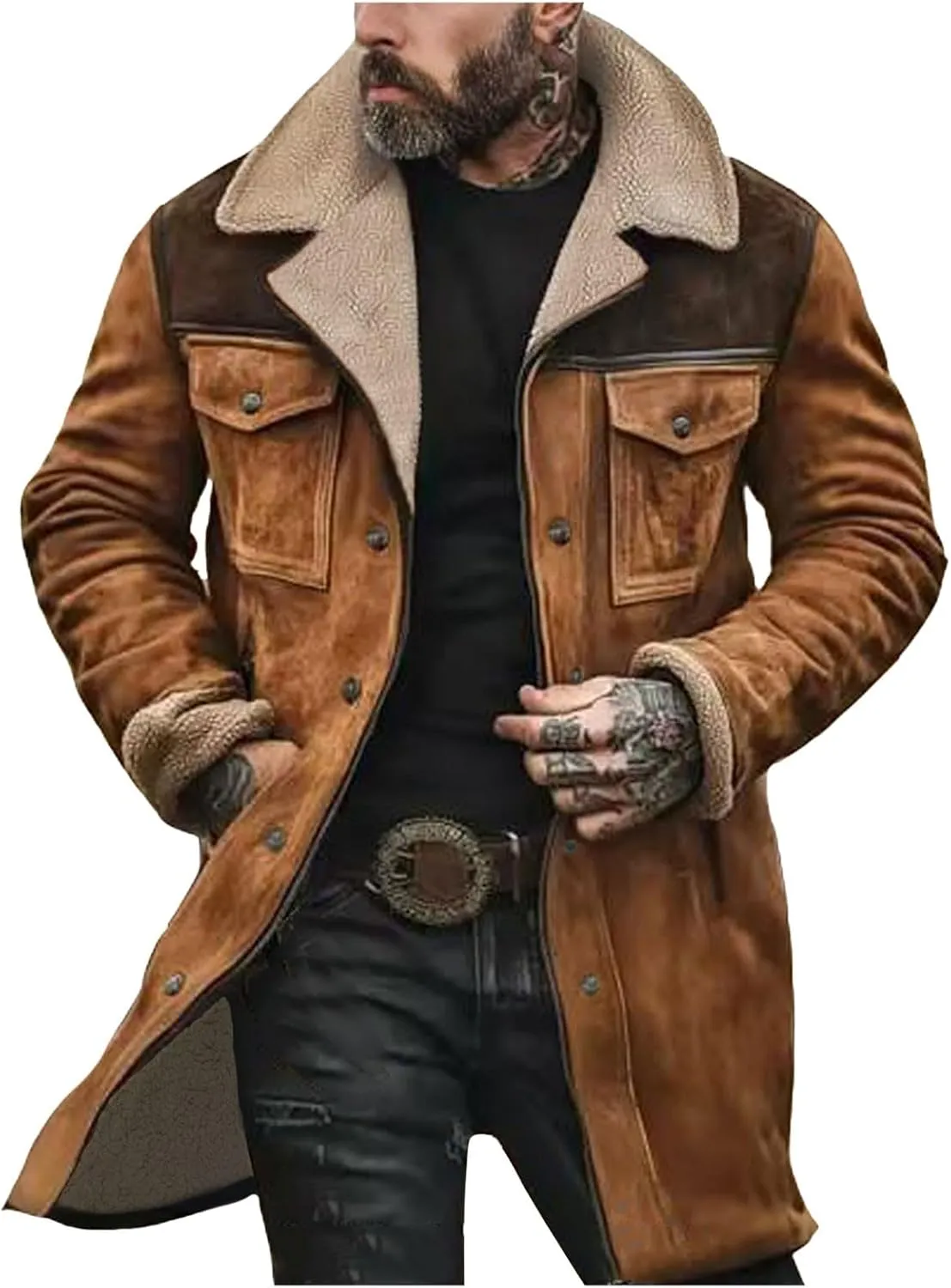 Vintage Suede Jacket for Men Plush Collar Coats Faux Leather Jacket Men Zip Up Motorcycle Jacket Coats Retro Tops