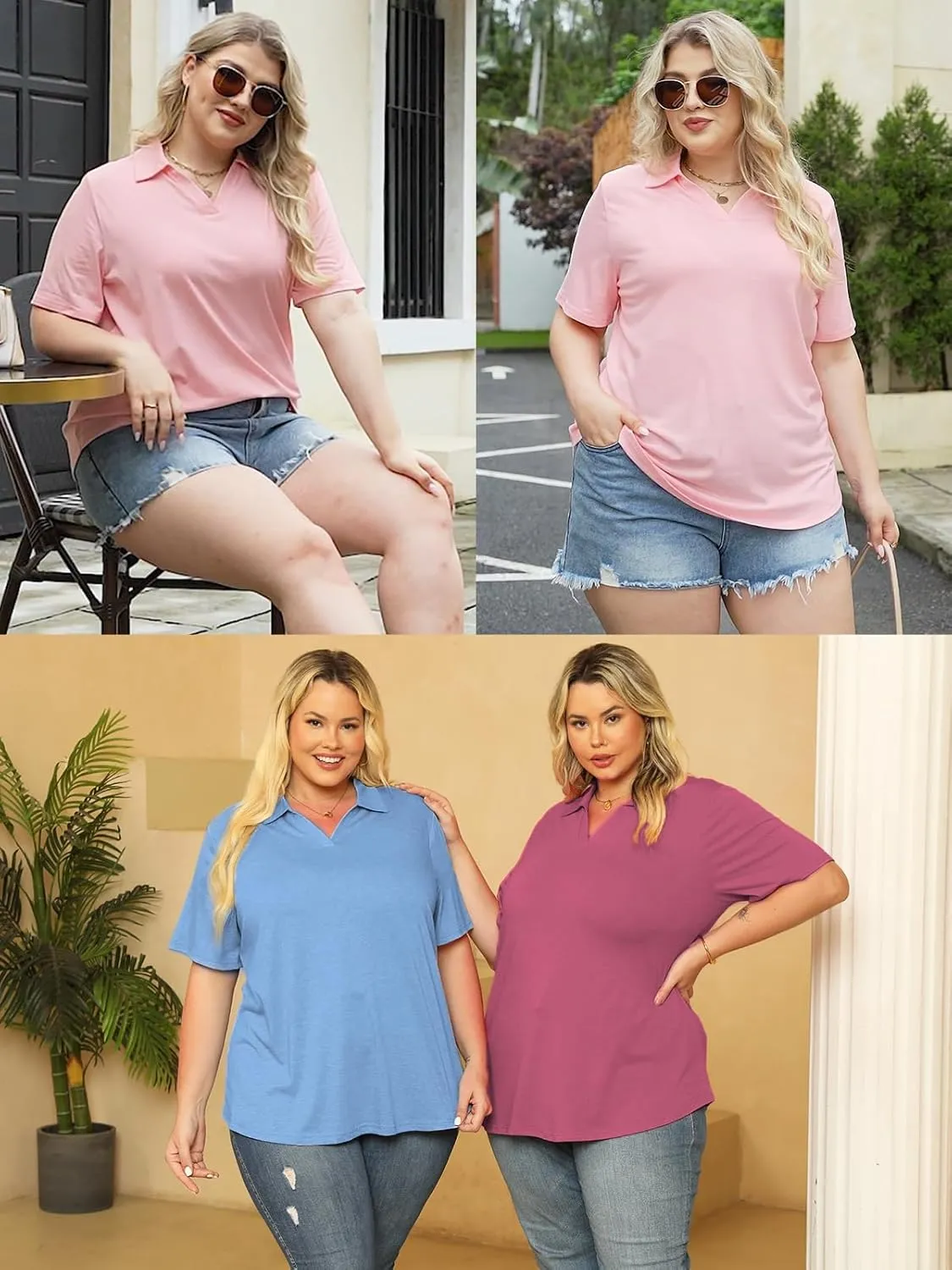 VISLILY Plus-Size-Summer-Tops for Women Collared V Neck Polo Shirts Flowy Tunics Trendy Short Sleeve Blouses 1X-5X