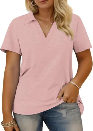 VISLILY Plus-Size-Summer-Tops for Women Collared V Neck Polo Shirts Flowy Tunics Trendy Short Sleeve Blouses 1X-5X