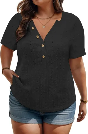 VISLILY Plus-Size-Summer-Tops for Women Henley V Neck T Shirts Short Sleeve Buttons Up Tunics Dressy Eyelet Blouses