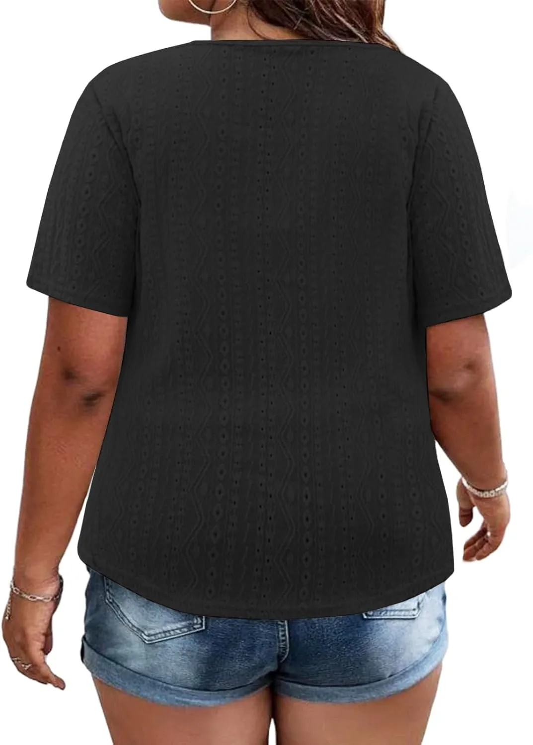 VISLILY Plus-Size-Summer-Tops for Women Henley V Neck T Shirts Short Sleeve Buttons Up Tunics Dressy Eyelet Blouses