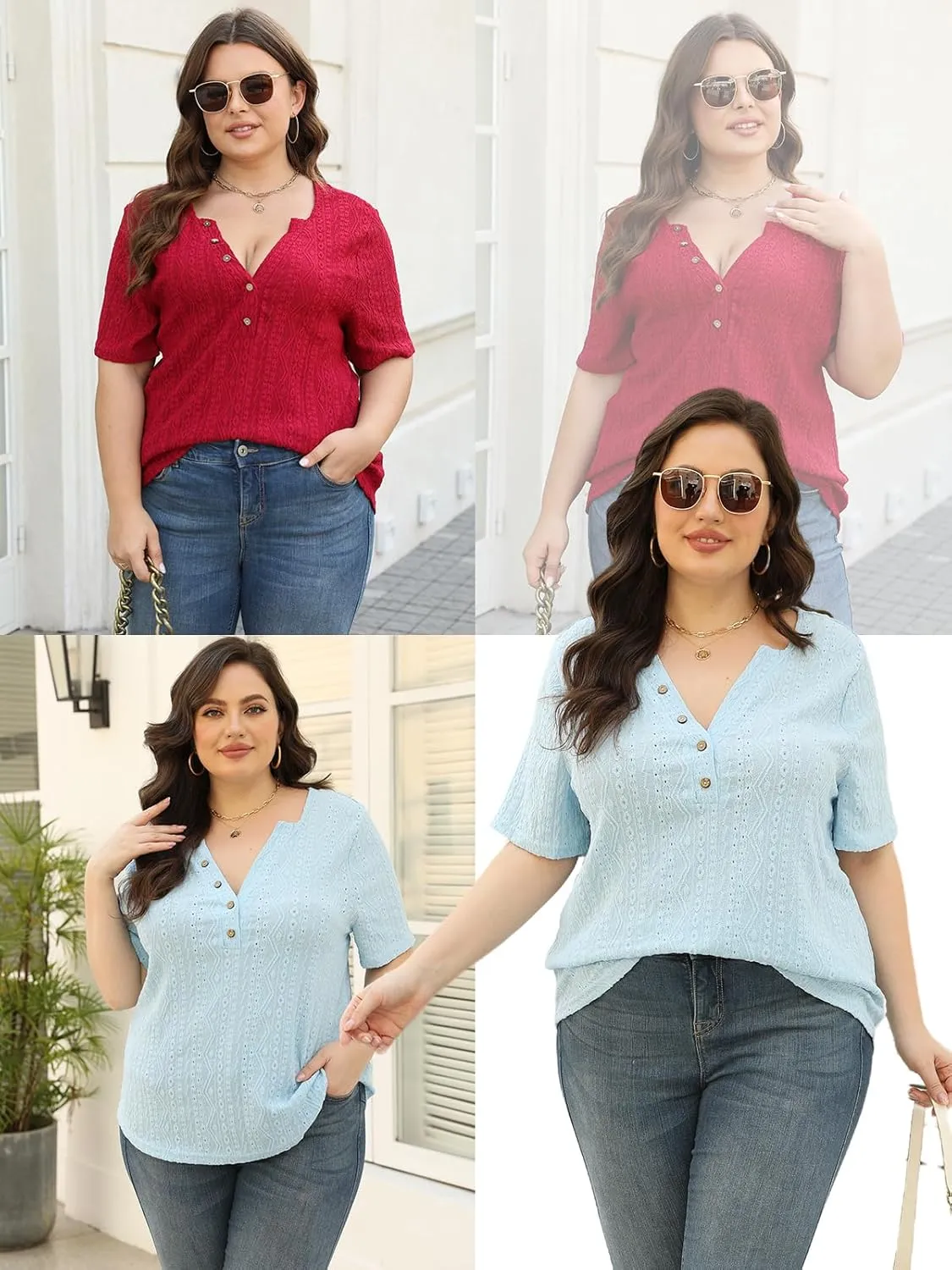 VISLILY Plus-Size-Summer-Tops for Women Henley V Neck T Shirts Short Sleeve Buttons Up Tunics Dressy Eyelet Blouses