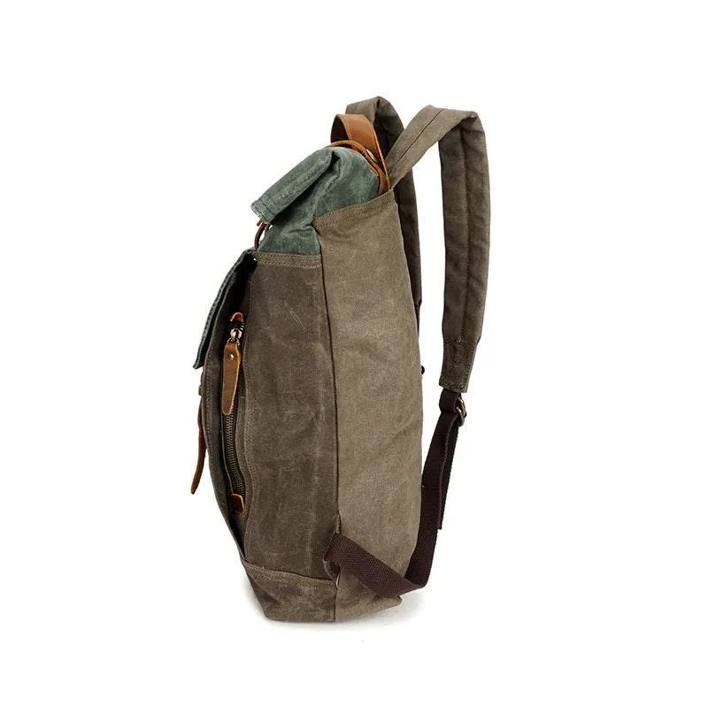 Waterproof Waxed Canvas and Cowhide Leather Laptop Backpack, Women Laptop Bag, Large Canvas Men Hiking Roll Top Backpack, Groomsmen Gifts