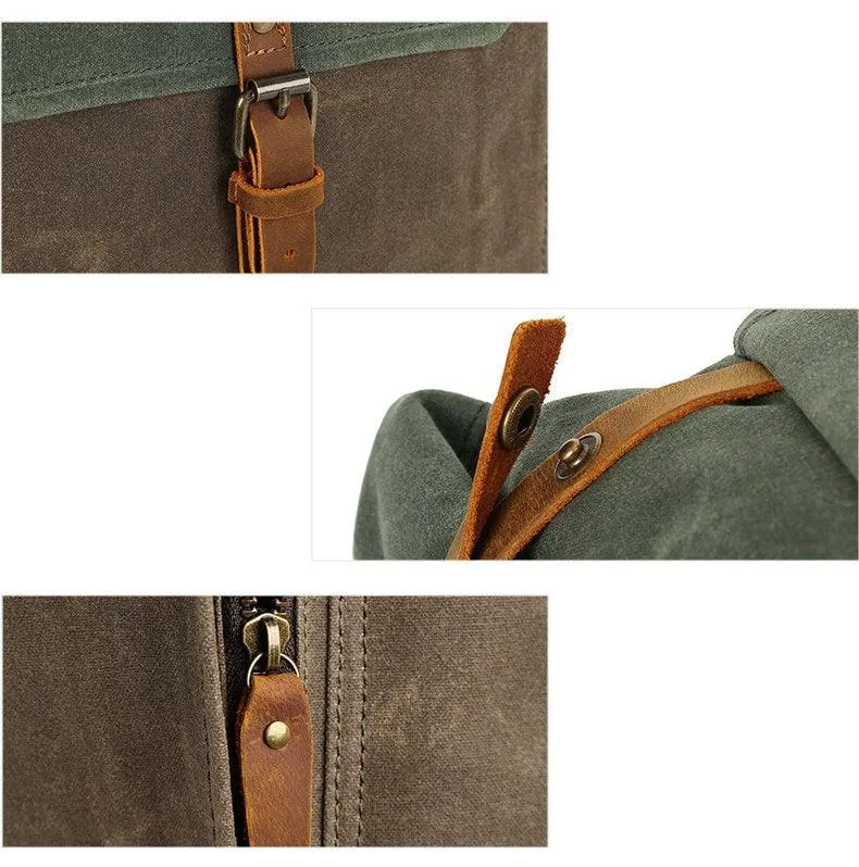 Waterproof Waxed Canvas and Cowhide Leather Laptop Backpack, Women Laptop Bag, Large Canvas Men Hiking Roll Top Backpack, Groomsmen Gifts