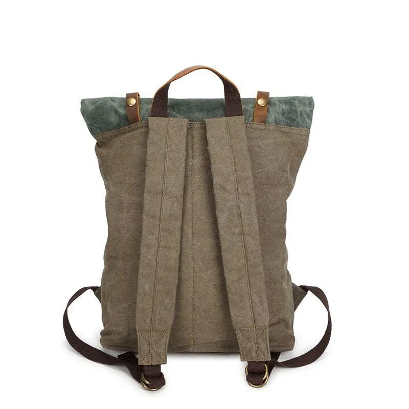 Waterproof Waxed Canvas and Cowhide Leather Laptop Backpack, Women Laptop Bag, Large Canvas Men Hiking Roll Top Backpack, Groomsmen Gifts