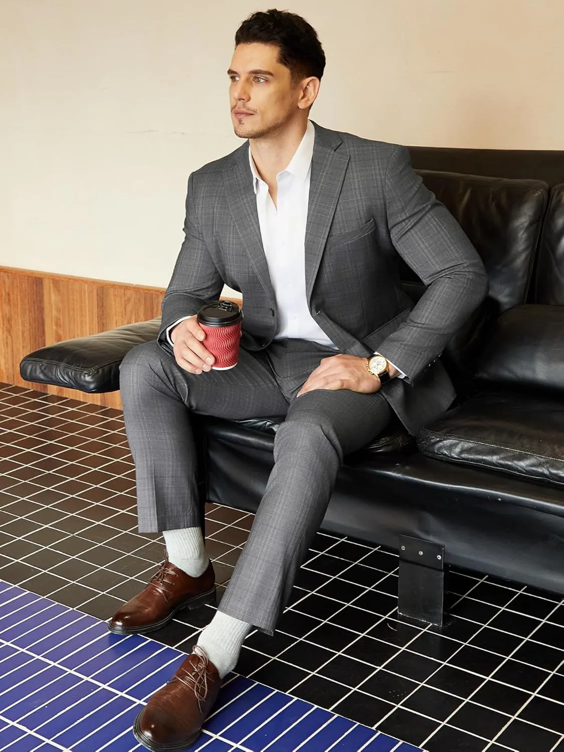 WEEN CHARM Men's 2 Piece Slim Fit Plaid Suit Business Casual Blazer Pants Set for Formal Wedding Prom Office Party