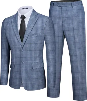 WEEN CHARM Men's 2 Piece Slim Fit Plaid Suit Business Casual Blazer Pants Set for Formal Wedding Prom Office Party