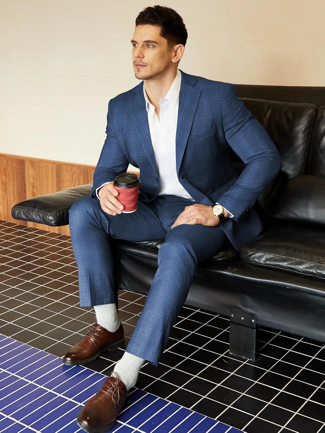 WEEN CHARM Men's 2 Piece Slim Fit Plaid Suit Business Casual Blazer Pants Set for Formal Wedding Prom Office Party