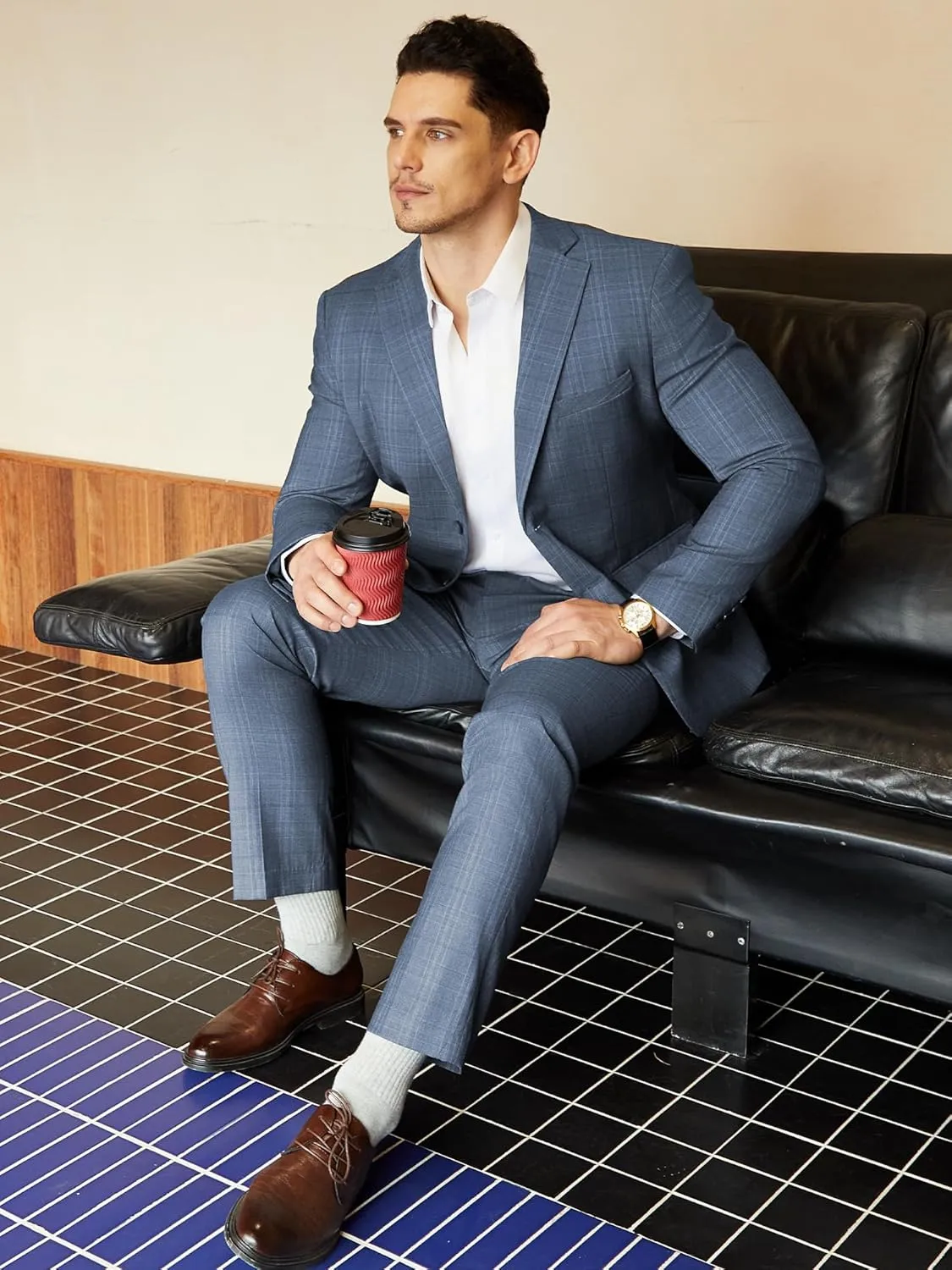 WEEN CHARM Men's 2 Piece Slim Fit Plaid Suit Business Casual Blazer Pants Set for Formal Wedding Prom Office Party