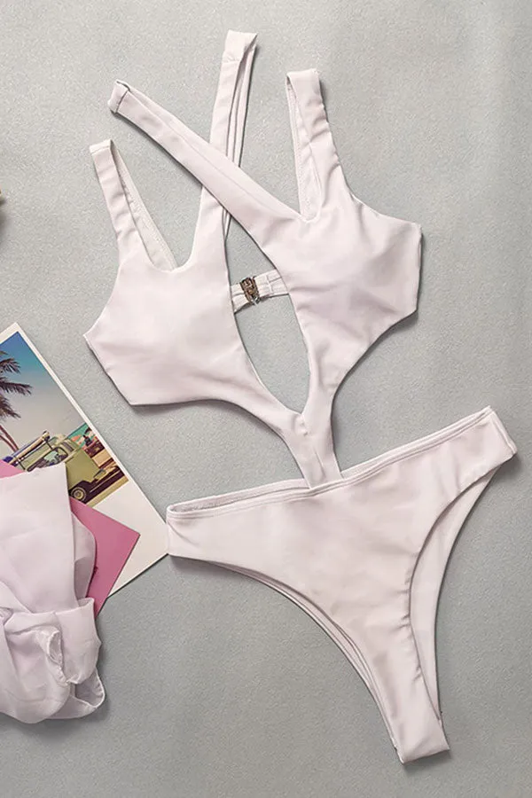 White Cross Halter Unique Cutout Ruched Three Pieces