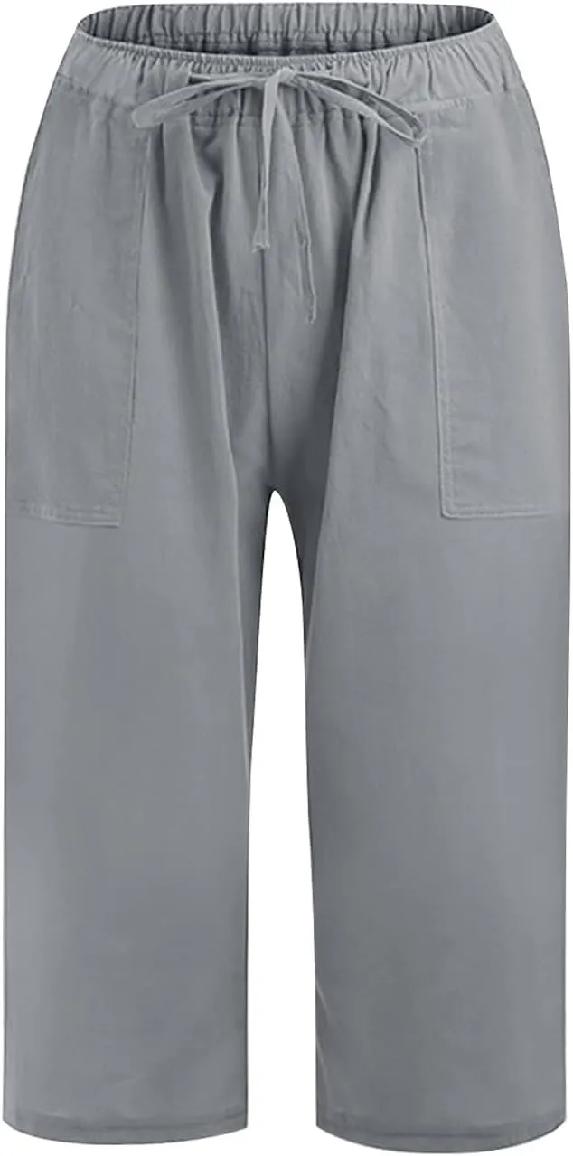Wide Leg Capri Pants for Women Casual Summer Cotton Linen Palazzo Pant Loose Comfy Lounge Beach Trousers with Pockets