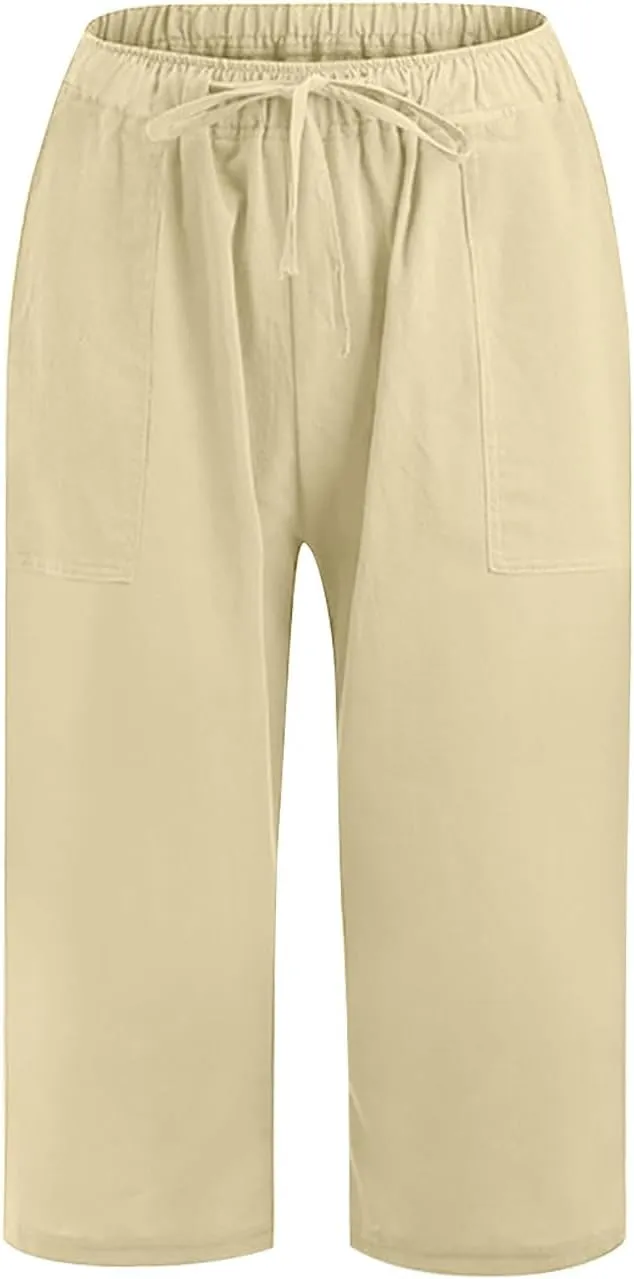 Wide Leg Capri Pants for Women Casual Summer Cotton Linen Palazzo Pant Loose Comfy Lounge Beach Trousers with Pockets