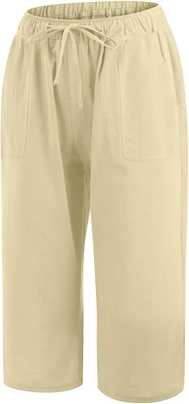 Wide Leg Capri Pants for Women Casual Summer Cotton Linen Palazzo Pant Loose Comfy Lounge Beach Trousers with Pockets