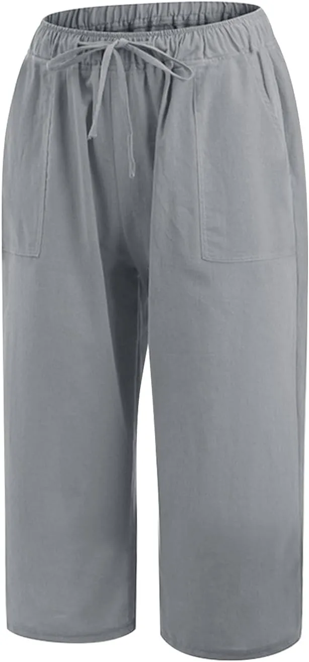 Wide Leg Capri Pants for Women Casual Summer Cotton Linen Palazzo Pant Loose Comfy Lounge Beach Trousers with Pockets