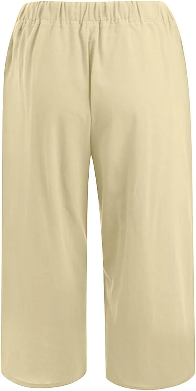 Wide Leg Capri Pants for Women Casual Summer Cotton Linen Palazzo Pant Loose Comfy Lounge Beach Trousers with Pockets