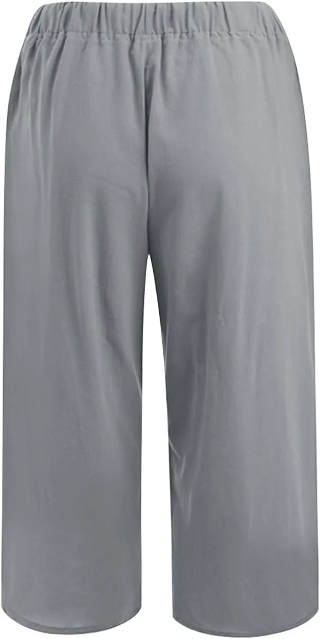 Wide Leg Capri Pants for Women Casual Summer Cotton Linen Palazzo Pant Loose Comfy Lounge Beach Trousers with Pockets