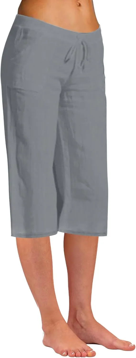 Wide Leg Capri Pants for Women Casual Summer Cotton Linen Palazzo Pant Loose Comfy Lounge Beach Trousers with Pockets