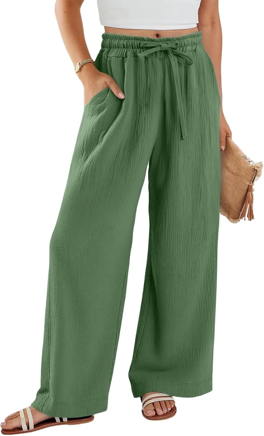 Wide Leg Cotton Linen Pants Women Casual Elastic Waist Loose Flowy Palazzo Pants Comfy Summer Beach Pant with Pockets