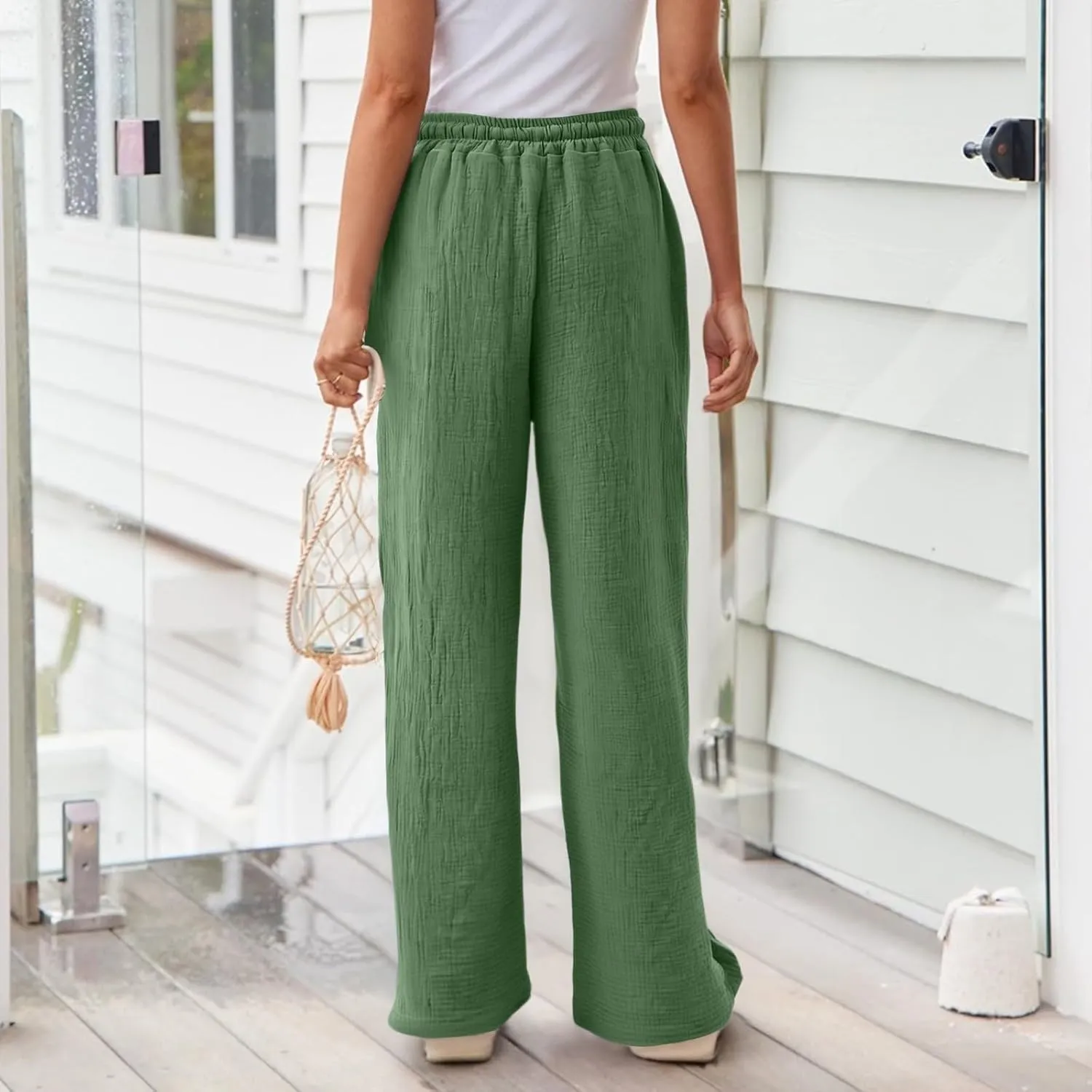 Wide Leg Cotton Linen Pants Women Casual Elastic Waist Loose Flowy Palazzo Pants Comfy Summer Beach Pant with Pockets