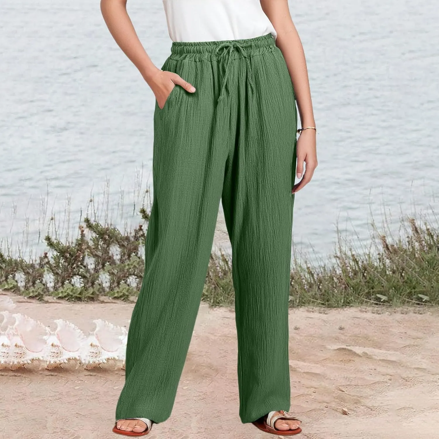 Wide Leg Cotton Linen Pants Women Casual Elastic Waist Loose Flowy Palazzo Pants Comfy Summer Beach Pant with Pockets