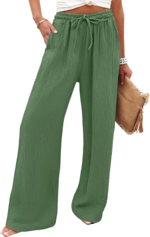 Wide Leg Cotton Linen Pants Women Casual Elastic Waist Loose Flowy Palazzo Pants Comfy Summer Beach Pant with Pockets