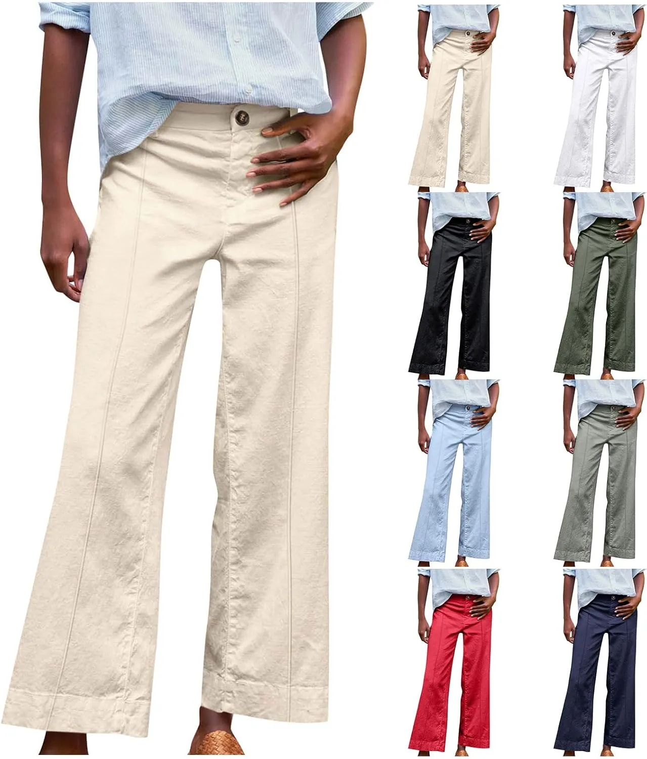 Wide Leg Linen Pants for Women Casual Summer High Waisted Work Cropped Pants Loose Business Trouser