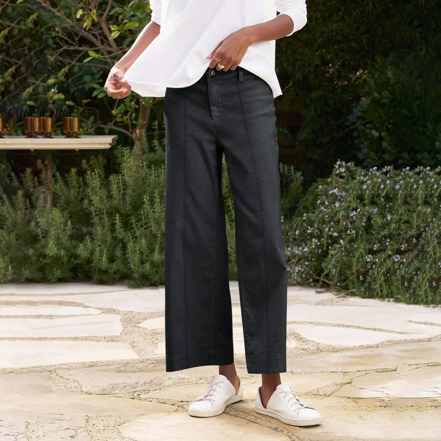 Wide Leg Linen Pants for Women Casual Summer High Waisted Work Cropped Pants Loose Business Trouser