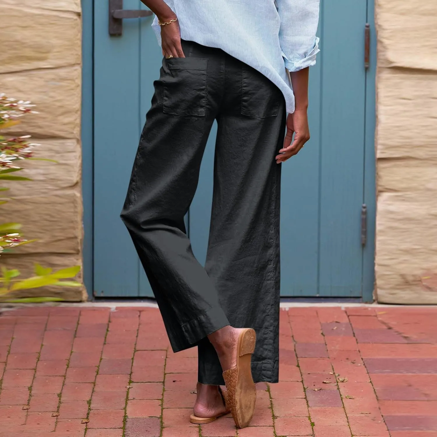 Wide Leg Linen Pants for Women Casual Summer High Waisted Work Cropped Pants Loose Business Trouser