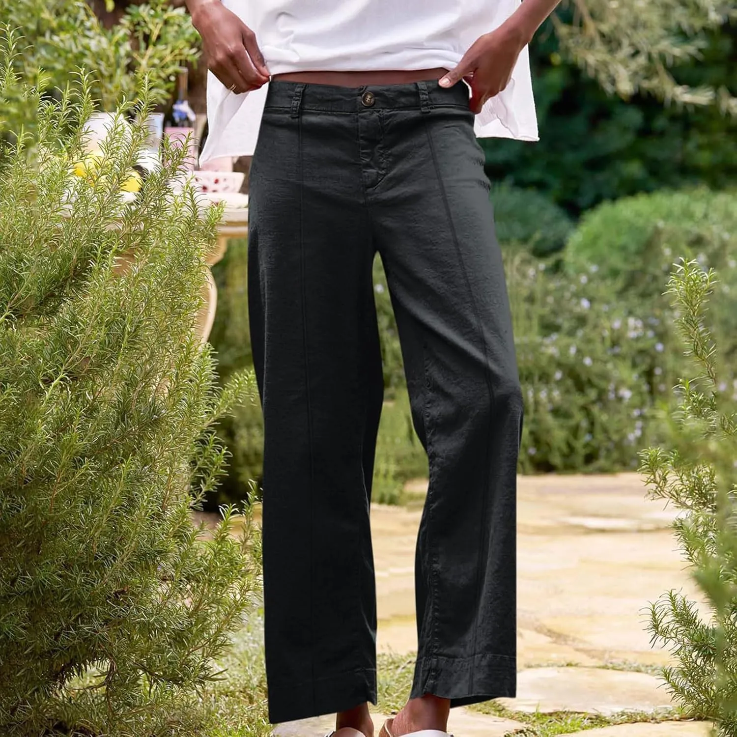 Wide Leg Linen Pants for Women Casual Summer High Waisted Work Cropped Pants Loose Business Trouser