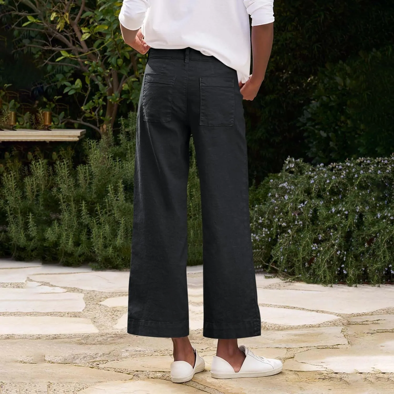 Wide Leg Linen Pants for Women Casual Summer High Waisted Work Cropped Pants Loose Business Trouser