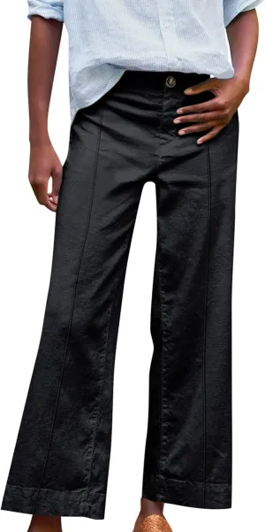 Wide Leg Linen Pants for Women Casual Summer High Waisted Work Cropped Pants Loose Business Trouser