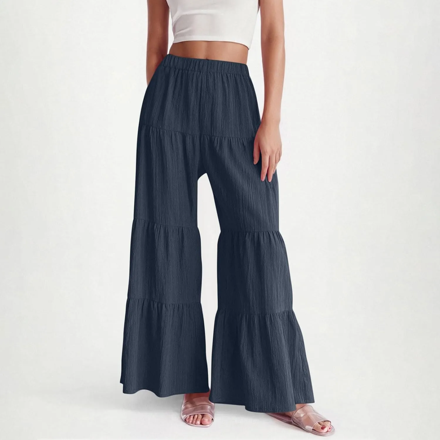 Wide Leg Palazzo Pants for Women Elastic High Waist Pleat Trousers 2025 Fashion Solid Color Baggy Flowy Summer Pants