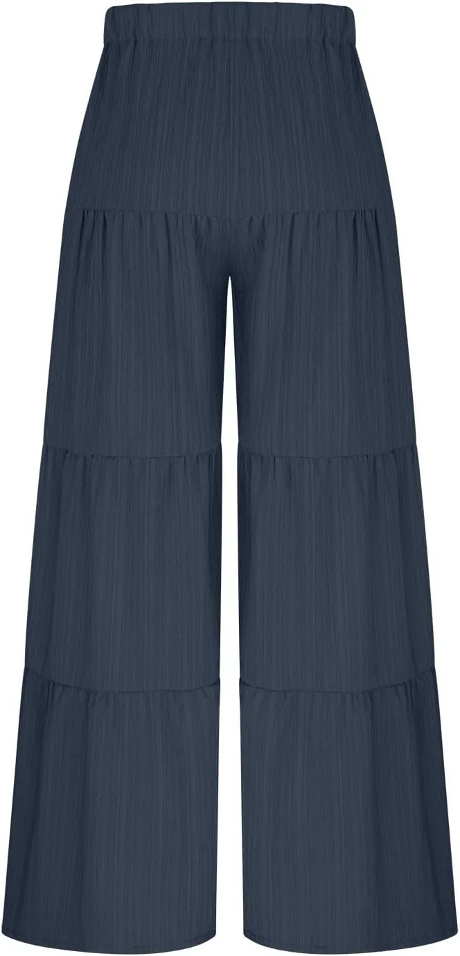 Wide Leg Palazzo Pants for Women Elastic High Waist Pleat Trousers 2025 Fashion Solid Color Baggy Flowy Summer Pants