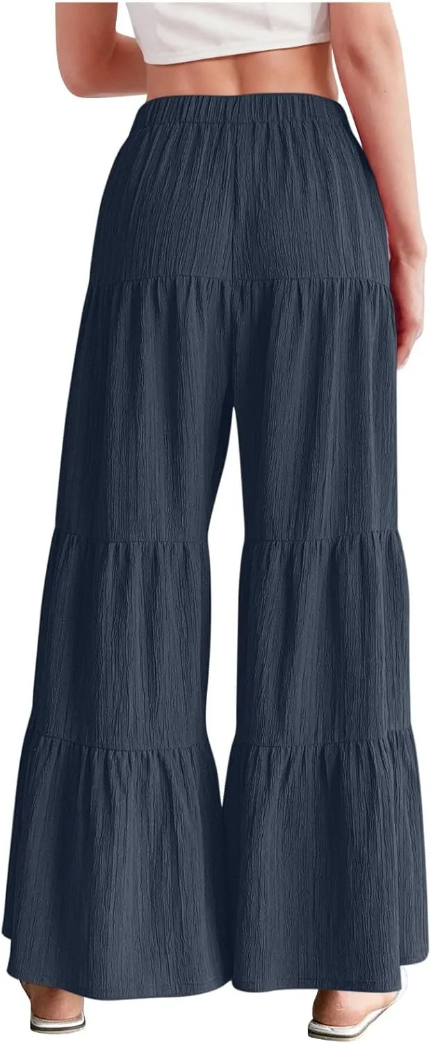 Wide Leg Palazzo Pants for Women Elastic High Waist Pleat Trousers 2025 Fashion Solid Color Baggy Flowy Summer Pants