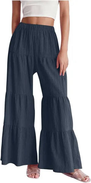 Wide Leg Palazzo Pants for Women Elastic High Waist Pleat Trousers 2025 Fashion Solid Color Baggy Flowy Summer Pants