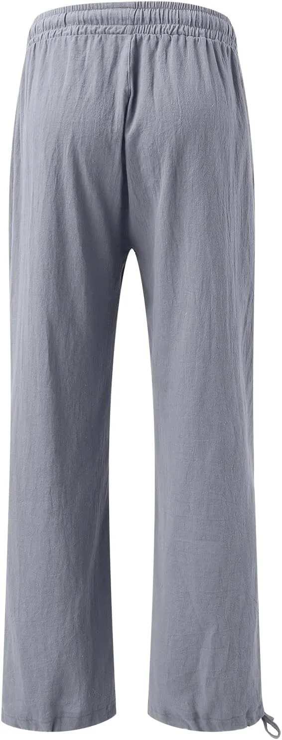Wide Leg Palazzo Pants for Women Summer Flowy Boho Linen Pants Lightweight Elastic Baggy Waist Pants with Pockets