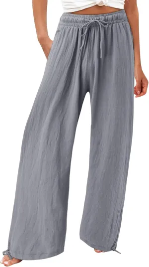 Wide Leg Palazzo Pants for Women Summer Flowy Boho Linen Pants Lightweight Elastic Baggy Waist Pants with Pockets