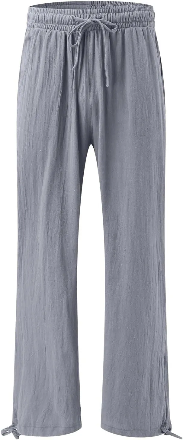 Wide Leg Palazzo Pants for Women Summer Flowy Boho Linen Pants Lightweight Elastic Baggy Waist Pants with Pockets