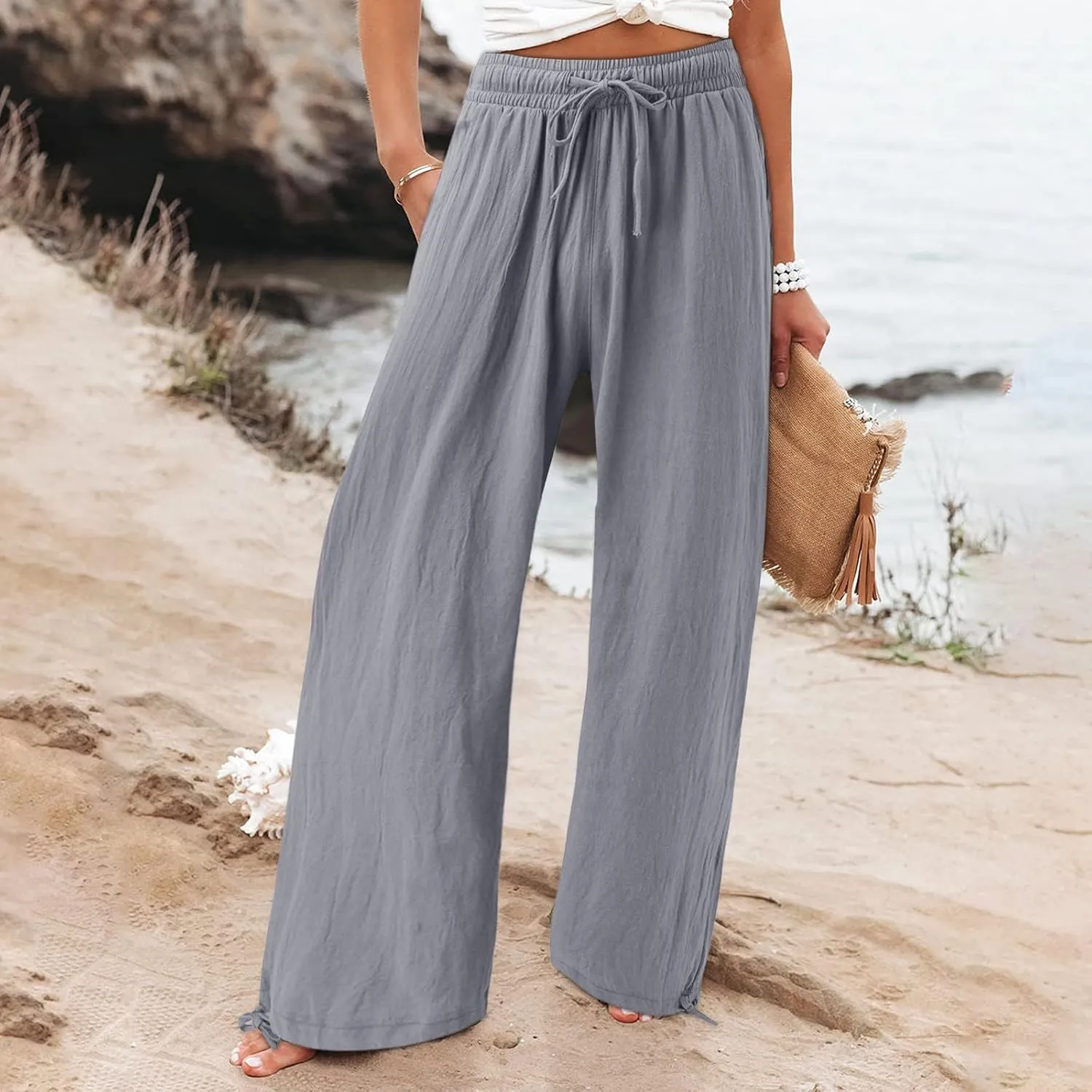 Wide Leg Palazzo Pants for Women Summer Flowy Boho Linen Pants Lightweight Elastic Baggy Waist Pants with Pockets