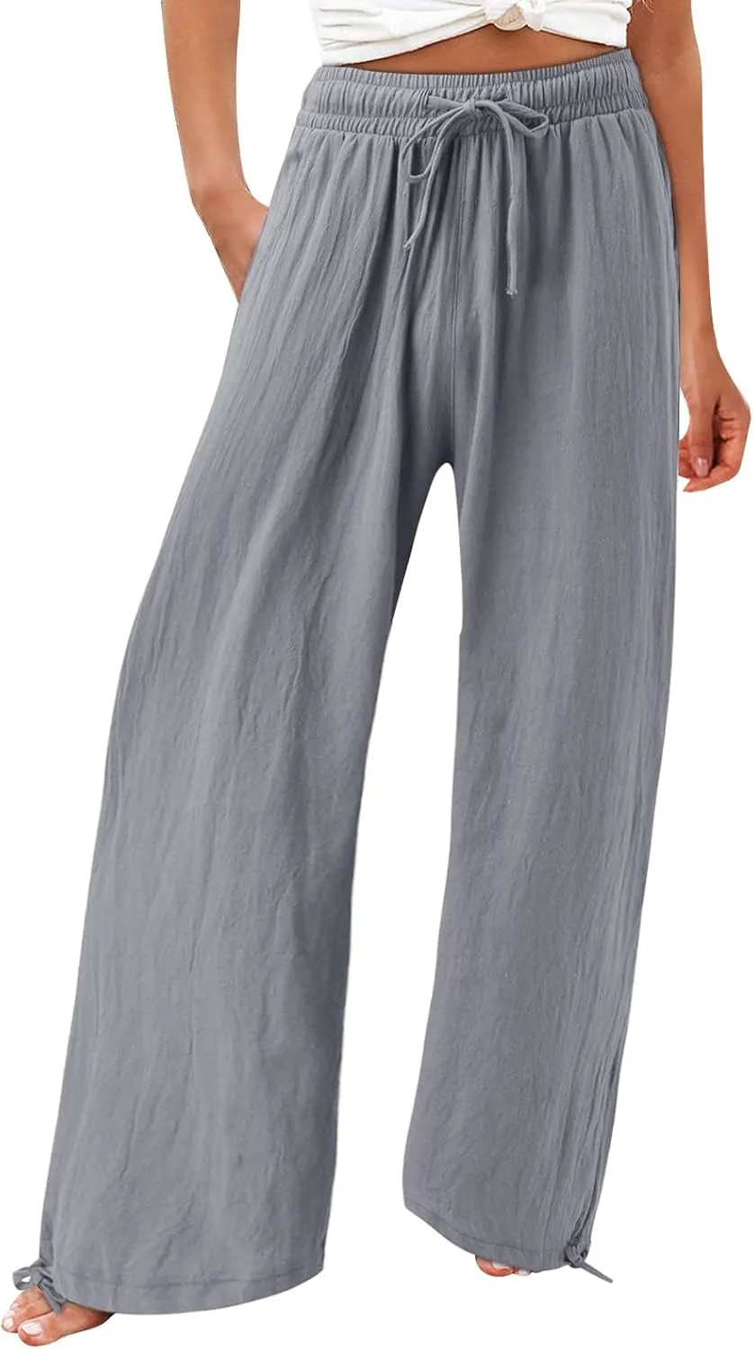Wide Leg Palazzo Pants for Women Summer Flowy Boho Linen Pants Lightweight Elastic Baggy Waist Pants with Pockets