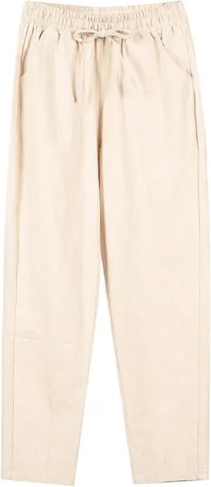 Wide Leg Pants for Women Summer Casual Drawstring Elastic Waist Cropped Pants Cotton Linen Trousers with Pockets